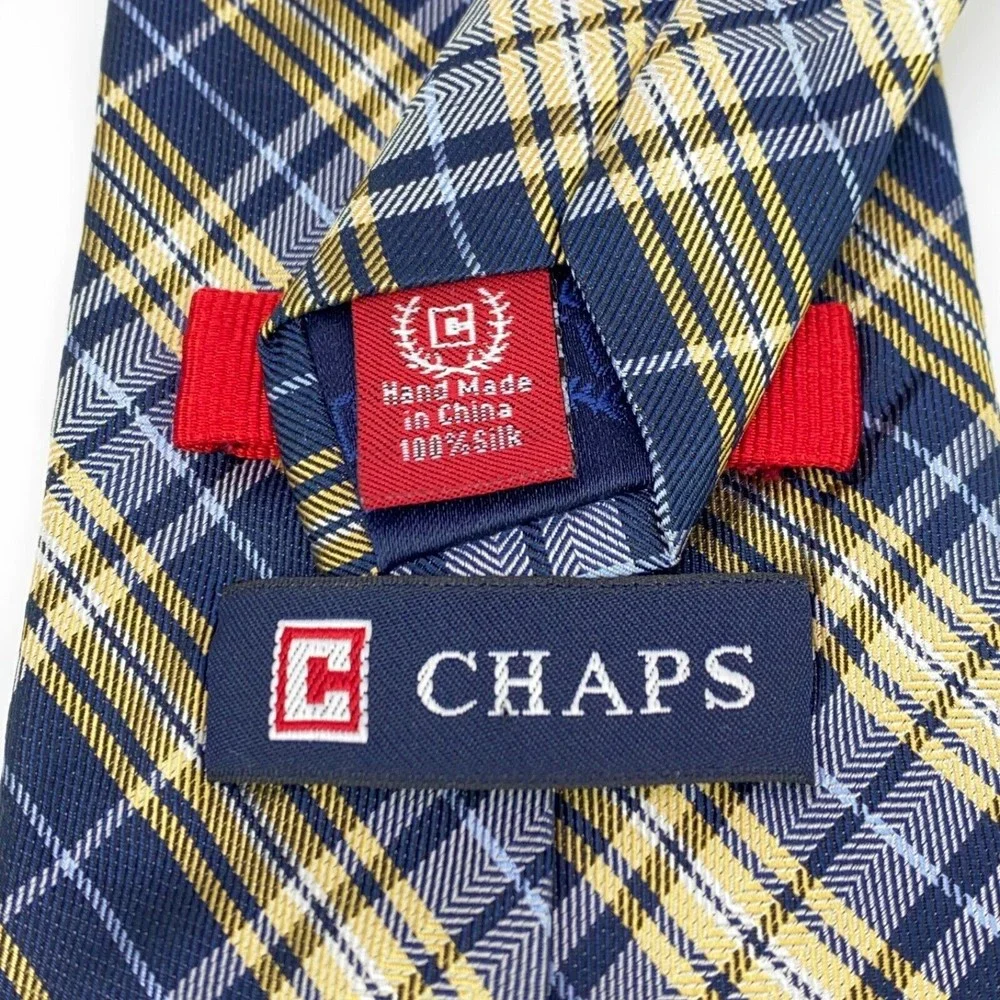 CHAPS Tie Navy & Light Blue Yellow Plaid Striped 100% Silk Hand Made Necktie 58
